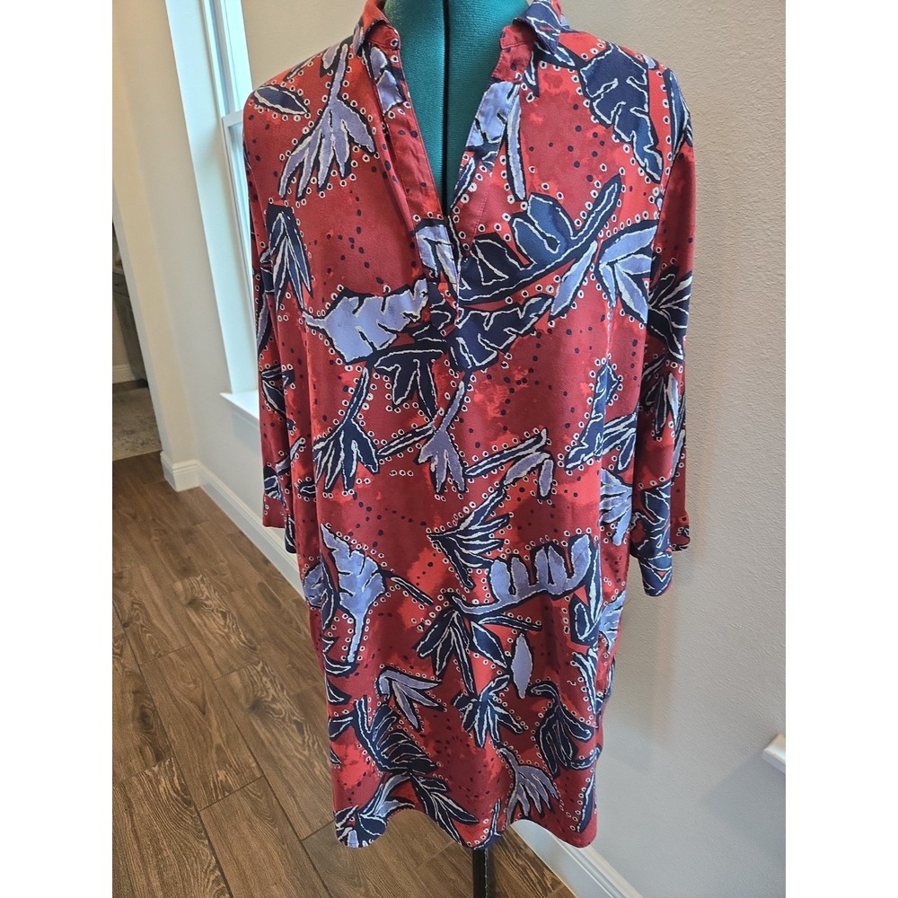 Nic & Zoe Womens Dress Shift Sz Large 3/4 Sleeve Tribal Boho Pockets Blue On Red